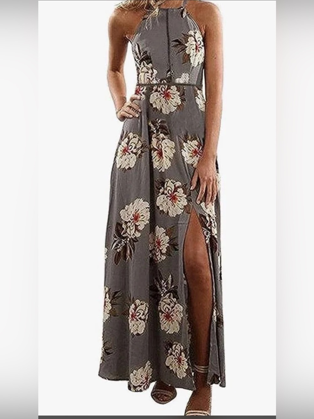 New Grey Floral Halter Maxi Dress with Side Slit